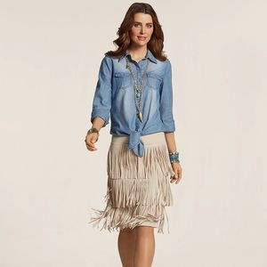 Chicos Tan Fancy Fringe Skirt Khaki Chico’s Size 0 (4-6 but ran much larger)